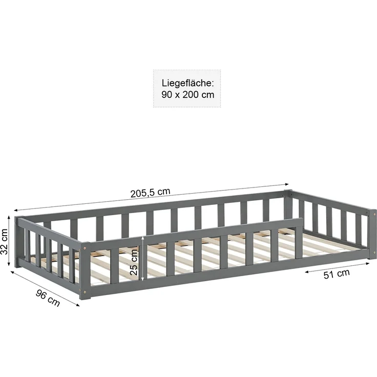 Kinderbett 90x200 mit Matratze Bodenbett mit Rausfallschutz Grau Montessori Bett Kleinkindbett Holz Kiefer Massiv – Bild 3