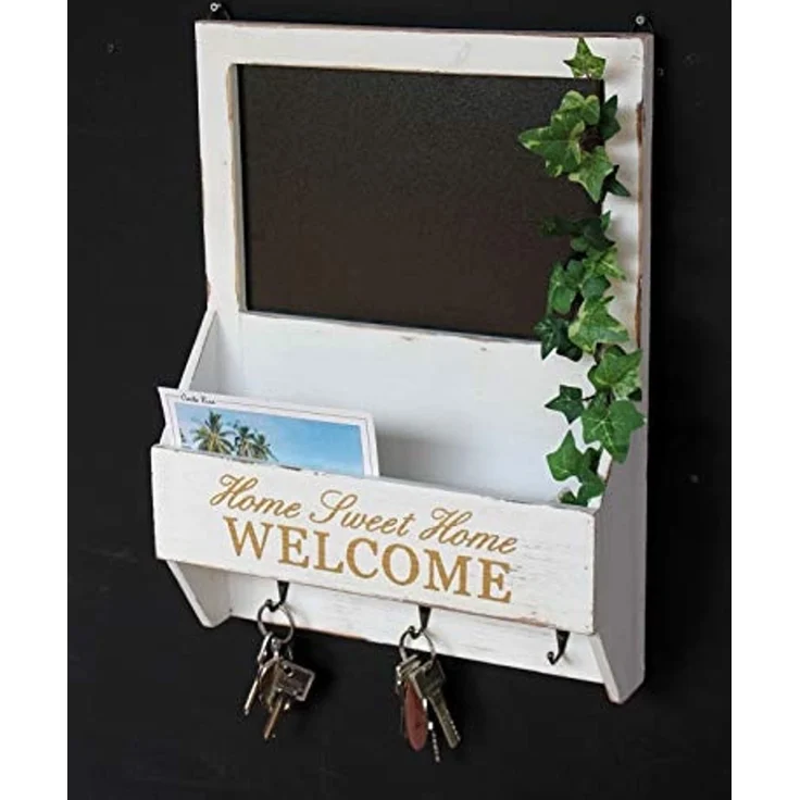 DanDiBo Wandorganizer Vintage Schlüsselbrett Holz mit Ablage 93751 Weiß 40cm Schlüsselboard Briefablage Kreidetafel Schlüsselkasten Shabby Chic Memoboard – Bild 2