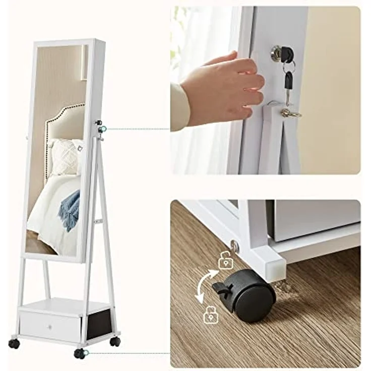 Songmics Schmuckschrank, Ganzkörperspiegel, Spiegelschrank, abschließbarer Schmuckorganizer mit Schublade, Rollen, 41,5 x 37 x 152,5 cm, Weiß – Bild 6