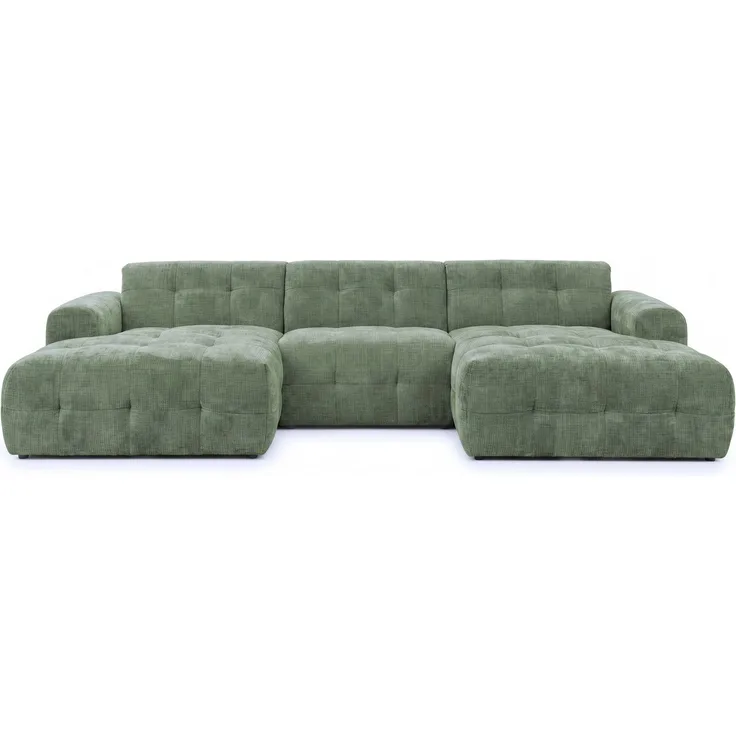 luma-home Wohnlandschaft U-Form 6-Sitzer, raffinierte Steppungen, Chenille-Bezug in Grün, 323 x 161 x 79cm