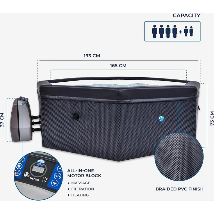 NetSpa 'Octopus' Outdoor-Whirlpool, halbstarr, achteckig, 193 x 73 cm, schwarz, für 4-6 Personen – Bild 2