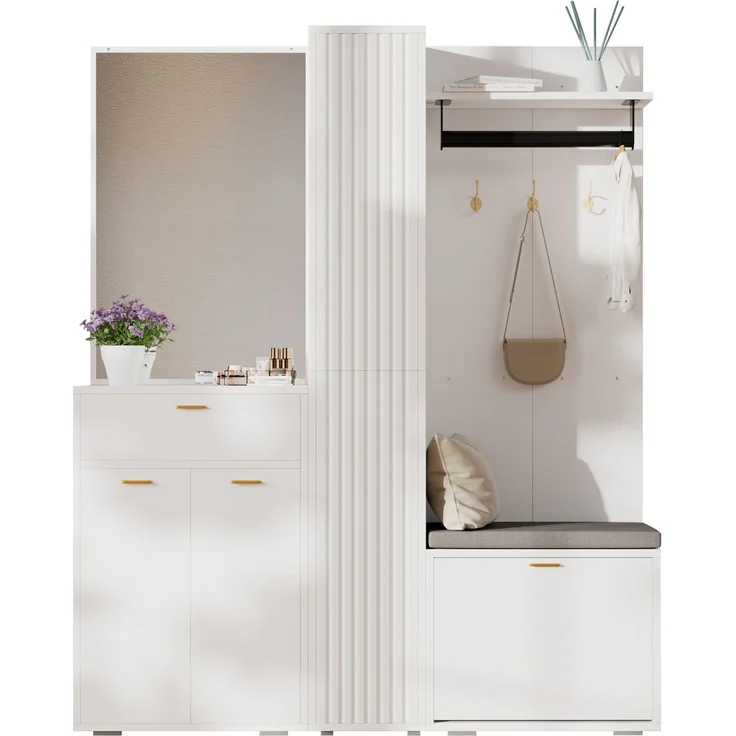 Garderobenset 150 x 36 x 180 cm mit Spiegel, Sitzbank und Schuh-Kippfach in Weiß – Bild 6