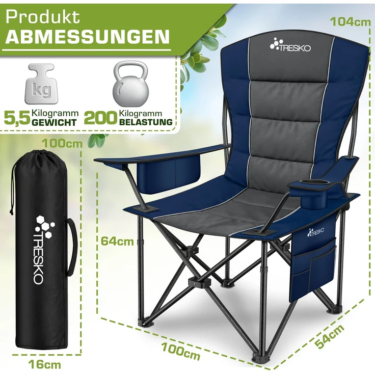 TRESKO® Campingstuhl Faltbar bis 200kg | Faltstuhl mit Kühltasche, Getränkehalter & Seitentasche | Klappstuhl XXL inkl. Tragetasche | Angelstuhl gepolstert für Outdoor, Angeln, Festival & Garten – Bild 2
