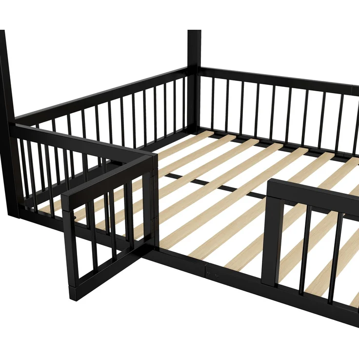 Hausbett mit Lattenrost, Zaun, Tür und Rausfallschutz, 140x200 cm, Metallbett, Kinderbett, Doppelbett, Jugendbett – Bild 10