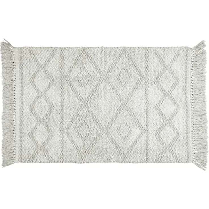 WENKO Badematte Urla Grau, 100 % Bio-Baumwolle, rutschhemmend, 60 x 90 cm, Jacquard-Muster mit Fransen