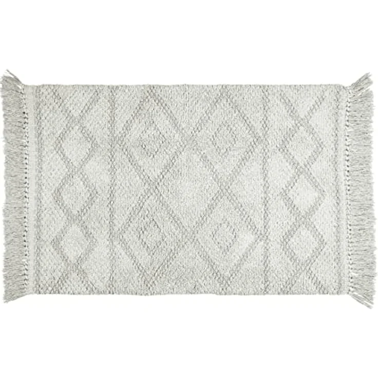 WENKO Badematte Urla Grau, 100 % Bio-Baumwolle, rutschhemmend, 60 x 90 cm, Jacquard-Muster mit Fransen – Bild 1