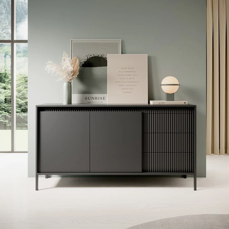 Masseno Kommode SENSATO 154 cm Sideboard mit 3 Schubladen und 2 Türen schwarz – Bild 1