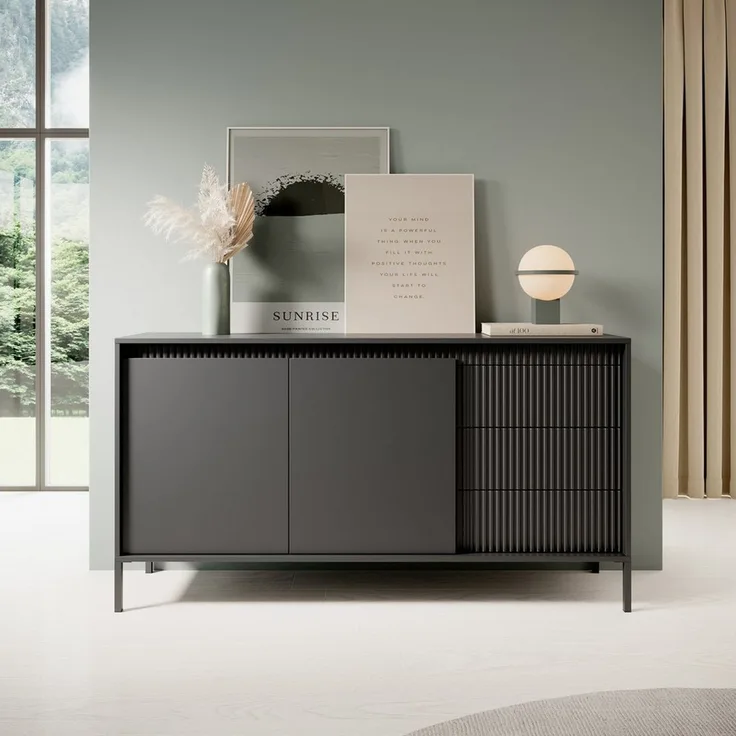 Masseno Kommode SENSATO 154 cm Sideboard mit 3 Schubladen und 2 Türen schwarz