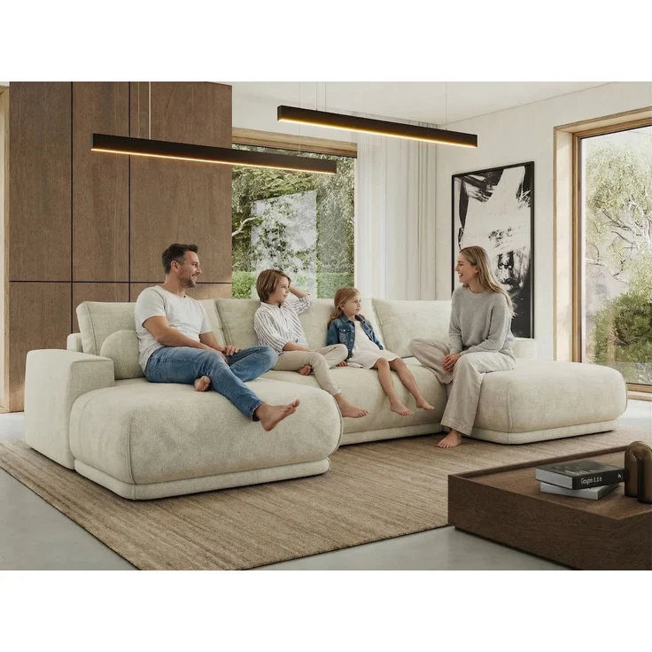 XXL Wohnlandschaft RINA U-Form 360 cm breit, Sofa mit Schlaffunktion & DL-Mechanismus, Wellenfederung, modern freistehend - Beige Schenille glatt – Bild 3