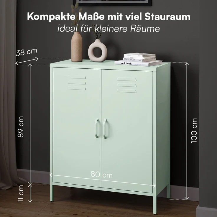 skølm 'Atria' Metallkommode, pastellgrün, 100x38x80 cm, Metallschrank mit 3 Fächern – Bild 6