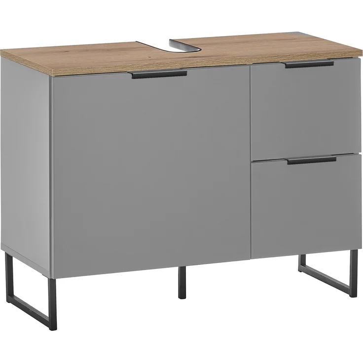 Waschbeckenunterschrank >Denver< 1 Tür, 2 Schübe, grau matt / evoke eiche - 80x60x35cm (BxHxT) – Bild 1
