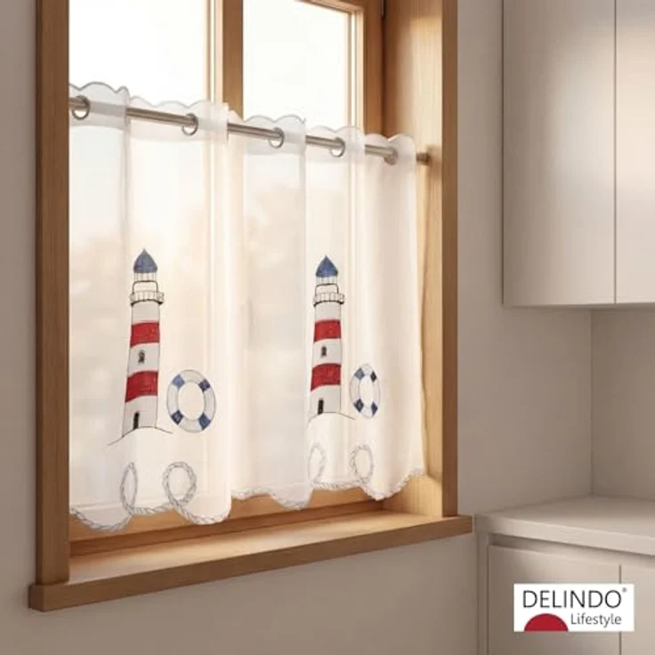 Delindo Lifestyle Scheibengardine LEUCHTTURM (1 St), Stangendurchzug, transparent, Voile, HxB: 45x115, mit Stangendurchzug, für die Küche – Bild 3