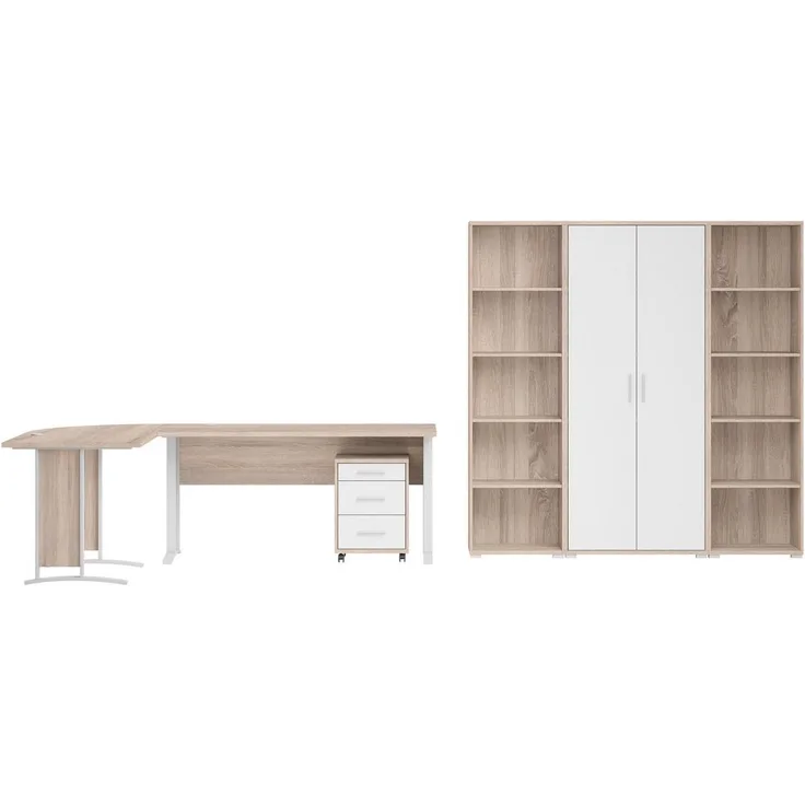 moebel-dich-auf Aktenschrank OFFICE LINE (Büromöbel-Set Arbeitszimmer Büro, 7-St, Winkelschreibtisch + Rollcontainer + Aktenschrank + Aktenregale) in Eiche Sonoma / weiß