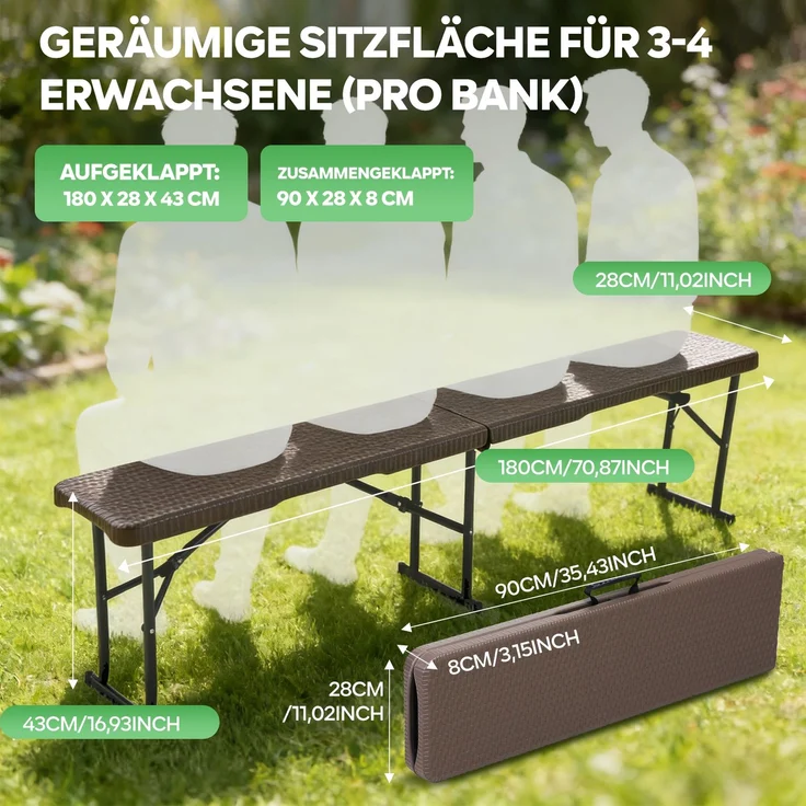 Eiryss Klappbank 2er Set, Wetterfeste Gartenbank aus HDPE mit Geflecht-Optik, Klappbare Sitzbank mit 4 Sicherheitsverriegelungen, Belastbar bis 400 kg, für Balkon, Terrasse & Camping, 180x28x43 cm – Bild 2