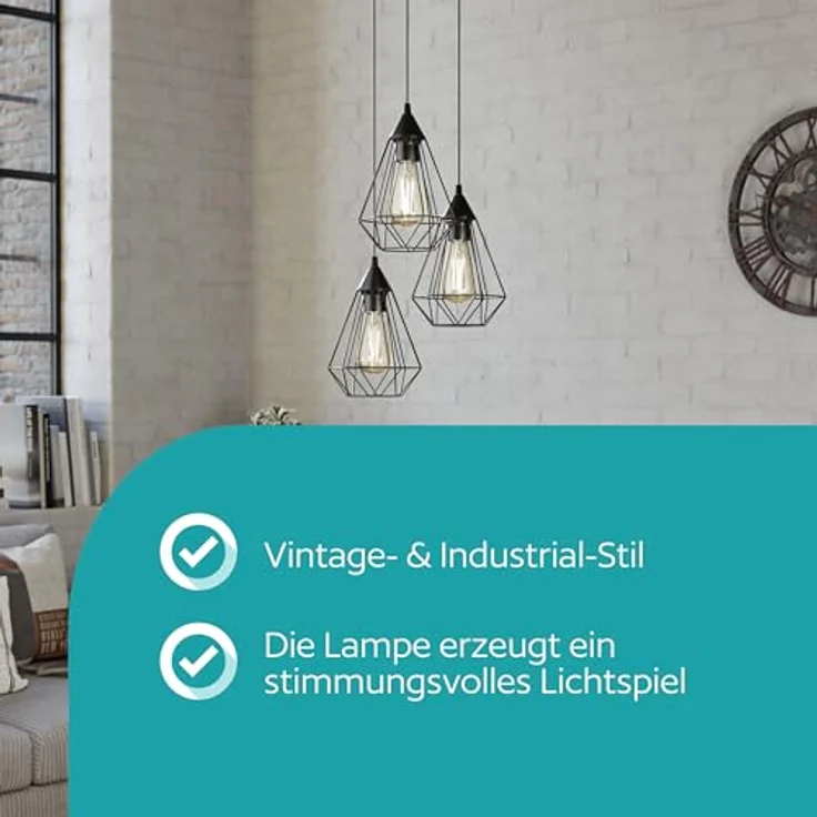 Eglo 'Tarbes' Rondell-Hängeleuchte, Stahl schwarz, dimmbar, E27, 3x40W – Bild 3