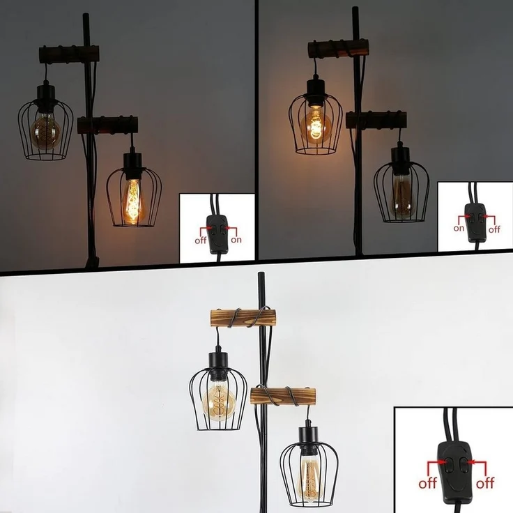 Nettlife Stehlampe Stehleuchte 2 Flammig schwarz Vintage aus Holz 151cm, mit Kippschalter, LED wechselbar, für Wohnzimmer schlafzimmer Esszimmer Büro – Bild 3