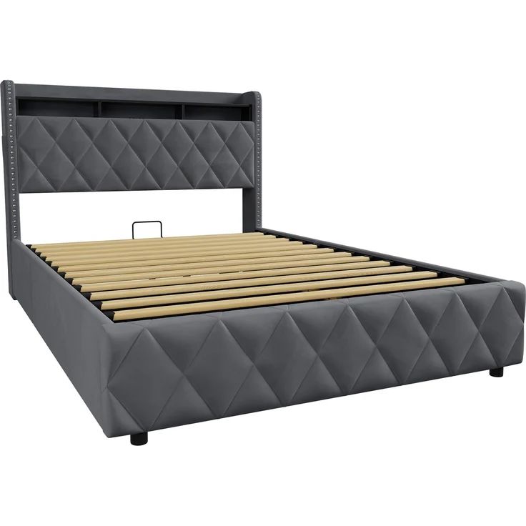 Polsterbett 140x200 cm mit Stauraum, LED und USB-Anschlüssen, Dunkelgrau – Ohne Matratze – Bild 9