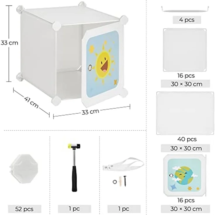 Kleiderschrank, DIY-Aufbewahrungsschrank, für hängende Kleidung, Aufbewahrung, für Kinder, mit 16 Würfeln, 4 Hängestangen, 123 x 41 x 123 cm, weiß LPC905W01 – Bild 3