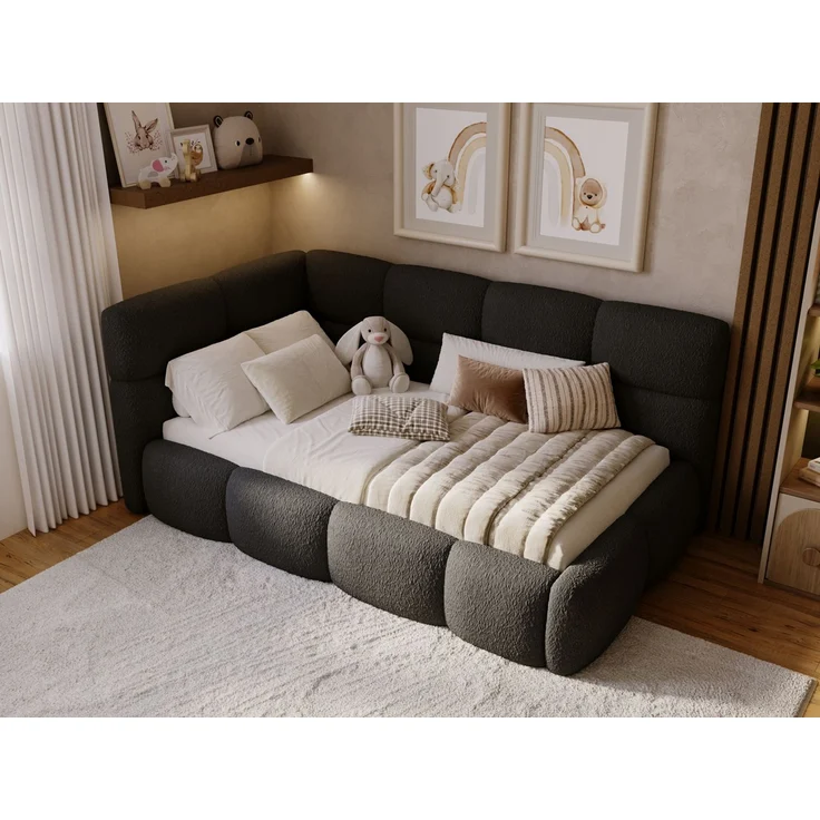 GRAINGOLD Modo One Jugendbett 90x200, Einzelbett mit Bettkasten, mit Lattenrost, Bouclé-Stoff, Rechts, Schwarz – Bild 4