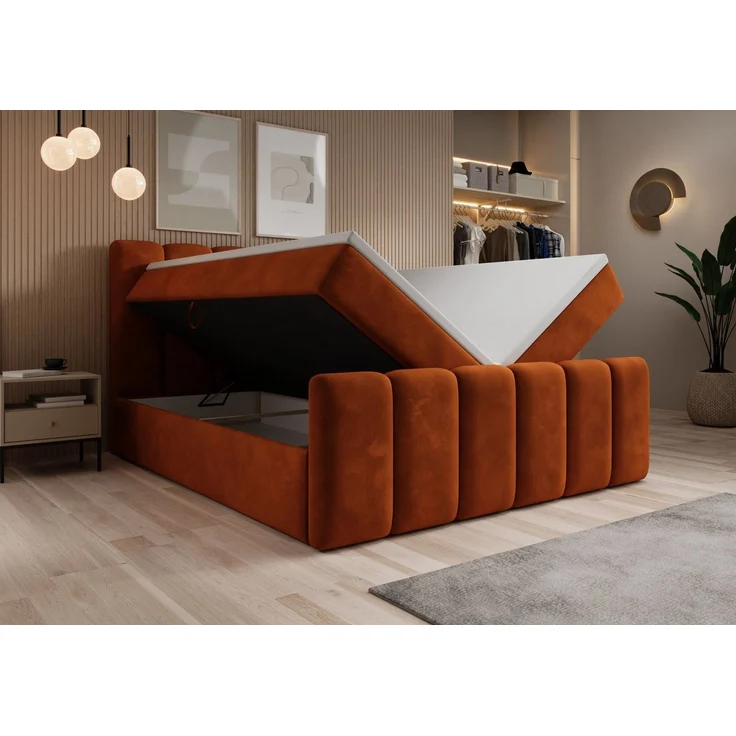 thematys Boxbett mit Bettkasten 180x200cm, mit Bonnellfederkernmatratze H3, Bouclé/Velours, mit Stauraum, mit 3 cm Topper, Rost (Velluto 33) – Bild 4