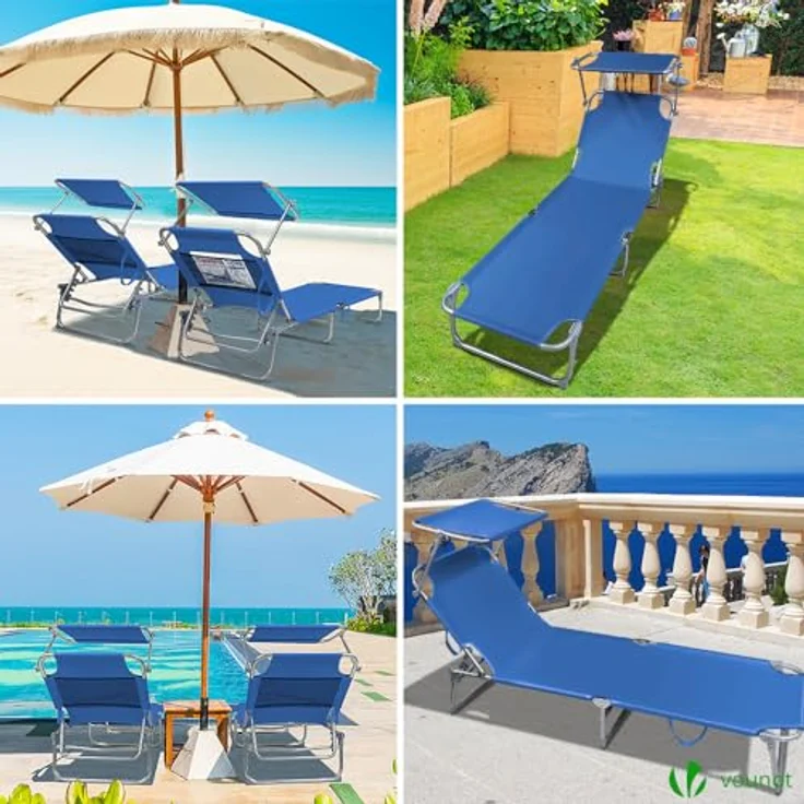 VOUNOT 2er Set Sonnenliege mit Dach, Klappbare Strandliege, Gartenliege Liegestuhl, Sonnendach und Rückenlehne Verstellbar, 190 x 58 x 27 cm, Blau – Bild 6