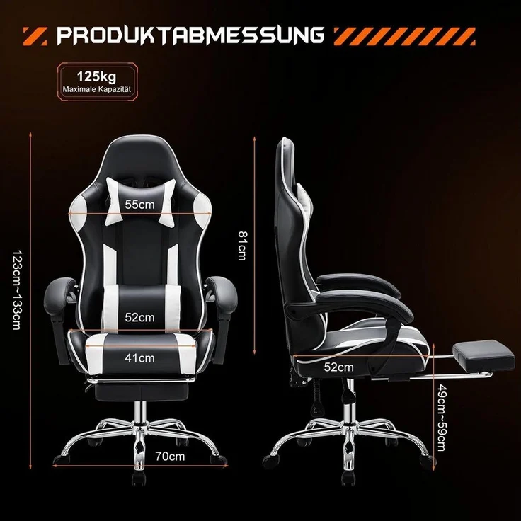 DUMOS Gaming-Stuhl Ergonomischer Bürostuhl mit Fußstütze, PU-Leder E-Sportstuhl, Gepolstert mit verstellbare Lendenkissen, Kopfkissen und Armlehnen – Bild 2