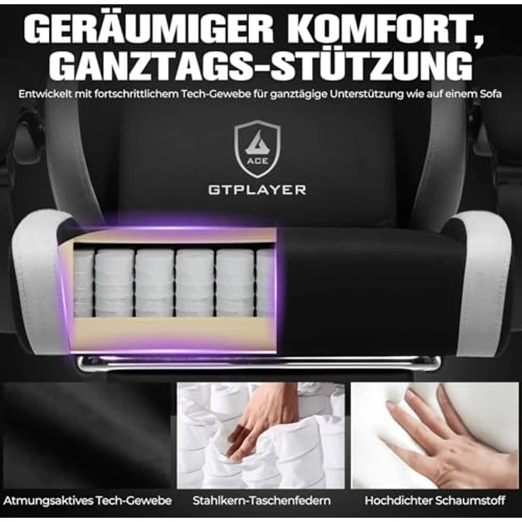 GTPLAYER Gaming Stuhl Ergonomischer, PC Stuhl Atmungsaktiver Stoff, Groß und Hoch Drehbarer Schreibtischstuhl mit Fußstütze,Verstellbare Lendenwirbelstütze und Kopfstütze,Schwarz – Bild 5