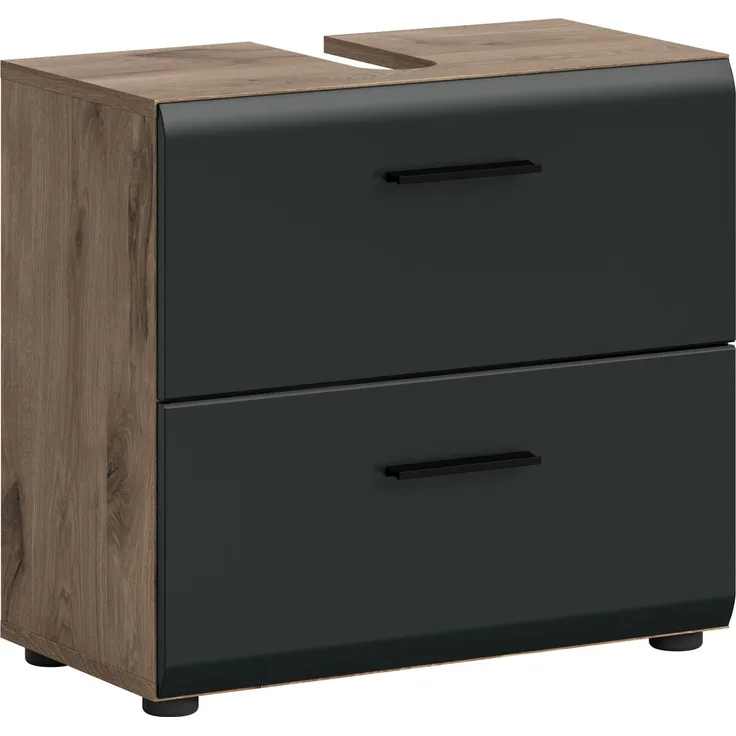 xonox. home – Waschbeckenunterschrank Ice 60 x 55 x 30 cm in Korpus Nox Oak Nachbildung und Front schwarz matt – Moderner Badschrank Unterschrank für Waschbecken – warm & natürlich