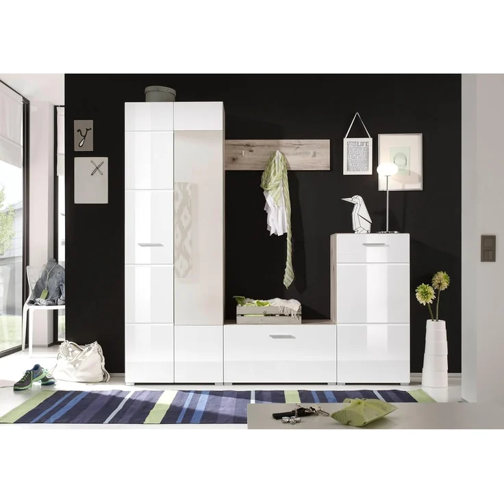 Stella Trading Sixx Flurgarderoben Set in Weiß Hochglanz/Sandeiche Optik - Moderne Kompaktgarderobe 4-teilig für Ihren Eingangsbereich - 195 x 195 x 36 cm (B/H/T) – Bild 2