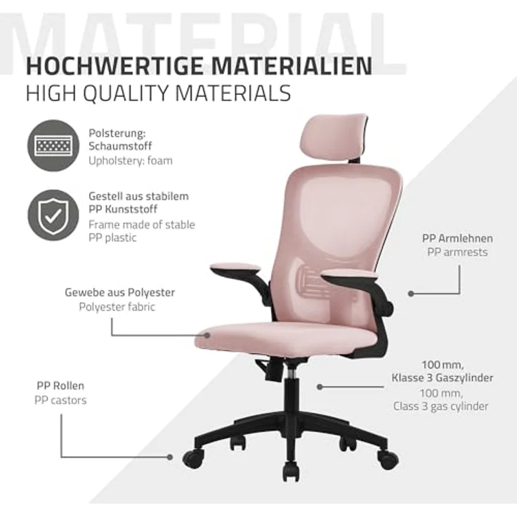ML-DESIGN Schreibtischstuhl Pink, Ergonomischer Drehstuhl mit Netzrücken, 1-Sitzer, 60.5x121x60 cm, für das Arbeitszimmer – Bild 7