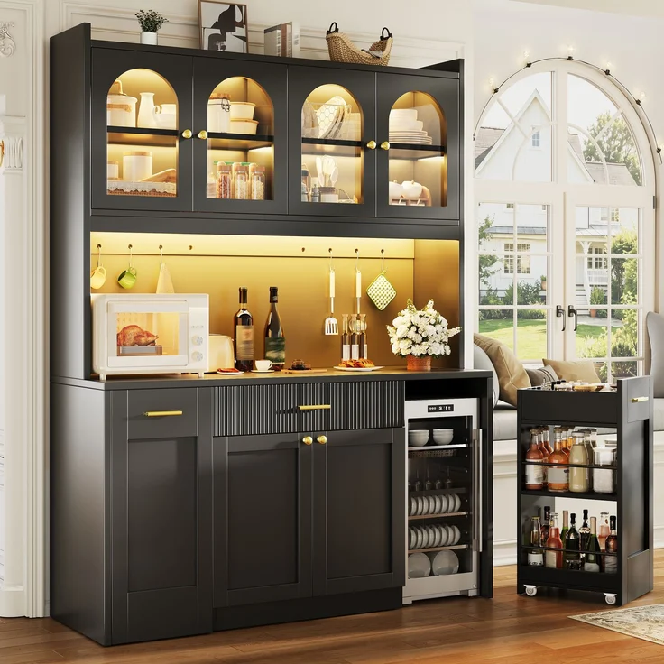 Hochküchenschrank 120cm mit RGB-LED, App-Steuerung, 3 Glasvitrinen, Schubkästen & beidseitigen Roll-Ablagen, Weiß/Schwarz – Bild 2