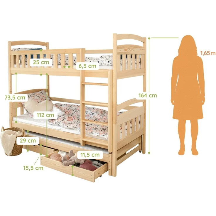 Kids Collective Etagenbett Hochbett Stockbett Kinderbett 90x200 cm mit Ausziehbett und Schubladen (Modell 2025), Umbaubar zu 3 Einzelbetten mit Lattenrosten & Rausfallschutz, Natur – Bild 2