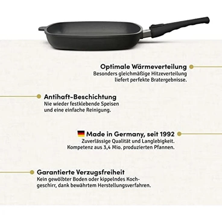 Hoffmann Germany Grillpfanne Steakpfanne Aluguss eckig 28x28 cm mit Deckel – Made in Germany, Aluguss (Set, 2-tlg, 1x Grillpfanne 28x28 cm + 1x Glasdeckel), Grillstreifen, abnehmbarer Griff, Antihaft, backofenfest, Induktion – Bild 3