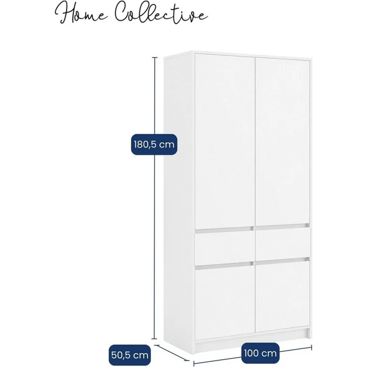 Home Collective Kleiderschrank Schrank Schlafzimmer Garderobenschrank Mehrzweckschrank Hochschrank (100 cm breit, mit 2 Schubladen, Kleiderstange & Einlegeböden) Wäscheschrank, vielseitig, grifflose Front, Weiß – Bild 2