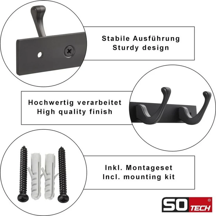 SO-TECH® Garderobenleiste Hakenleiste Blackline FORTE schwarz pulverbeschichtet (Spar-Set, 2 St), Breite 257 mm mit 3 Haken, inkl. Befestigungsset – Bild 3