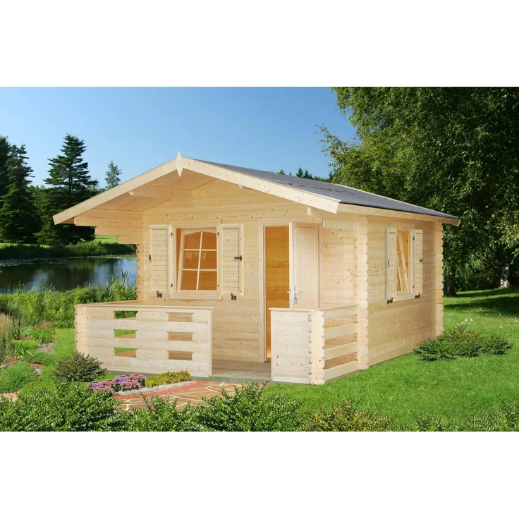 Palmako Gartenhaus Sylvi 104 + 42 m² Gartenhaus aus Holz Holzhaus mit 34 mm Wandstärke inklusive Terrasse Blockbohlenhaus mit Montagematerial