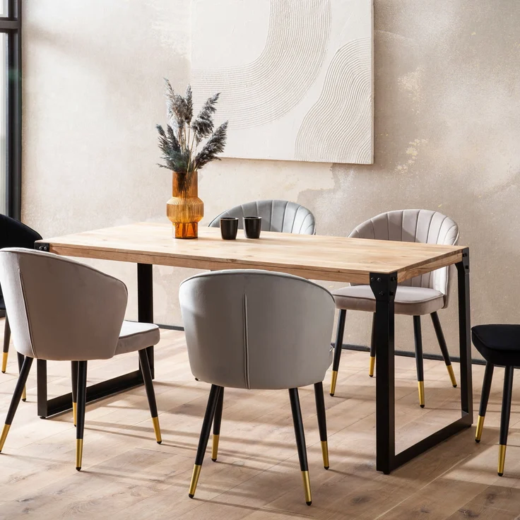 FineBuy Esstisch rechteckig Akazie Massivholz – Esszimmertisch im Industrial Design mit Metallgestell, Holz Küchentisch massiv – Bild 1