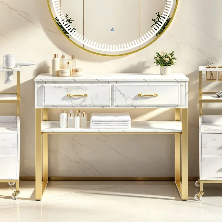BarberPub Friseurtisch mit 2 Schubladen & Offener Ablage, Schreibtisch Marmor-Weiß Gold, Schminktisch ohne Spiegel, Friseurplatz für Friseursalon, Computertisch Schlafzimmer, 40x100x80cm, 3579 – Bild 2