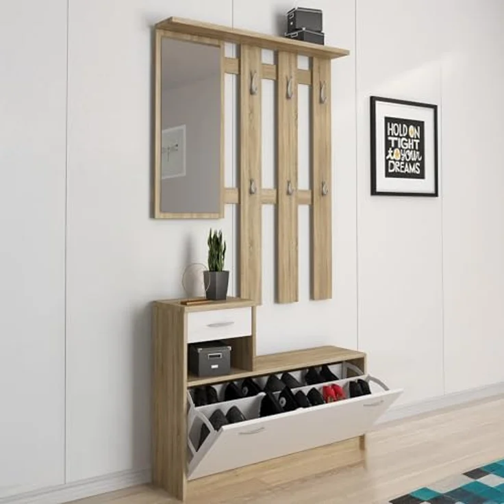 Dmora - Eingangsmöbel Clint, Moderner Eingangsbereich mit Spiegel, Schrank mit Schuhregal, Multifunktionsschrank, 100x25h180 cm, Weiß und Braun – Bild 2