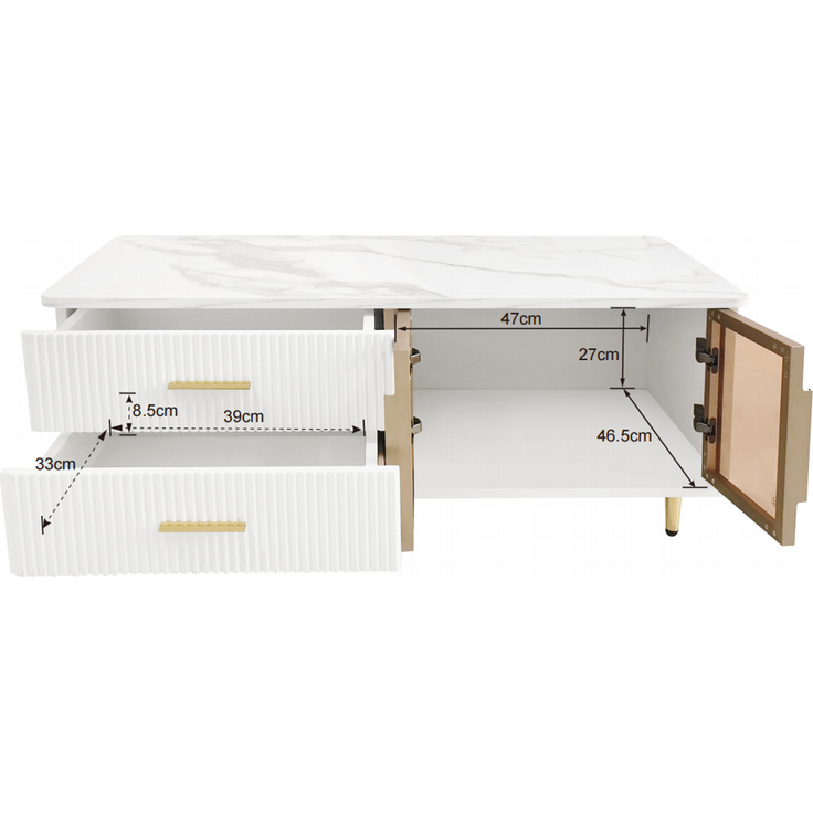 JARDJ Couchtisch, TV-Schrank, modulare Wohnzimmermöbel, Tür aus gehärtetem Glas, Rahmen aus Aluminiumlegierung, Schubladen mit Wellenstruktur, goldene Griffe und Beine, Tischplatte mit Marmorstruktur – Bild 9