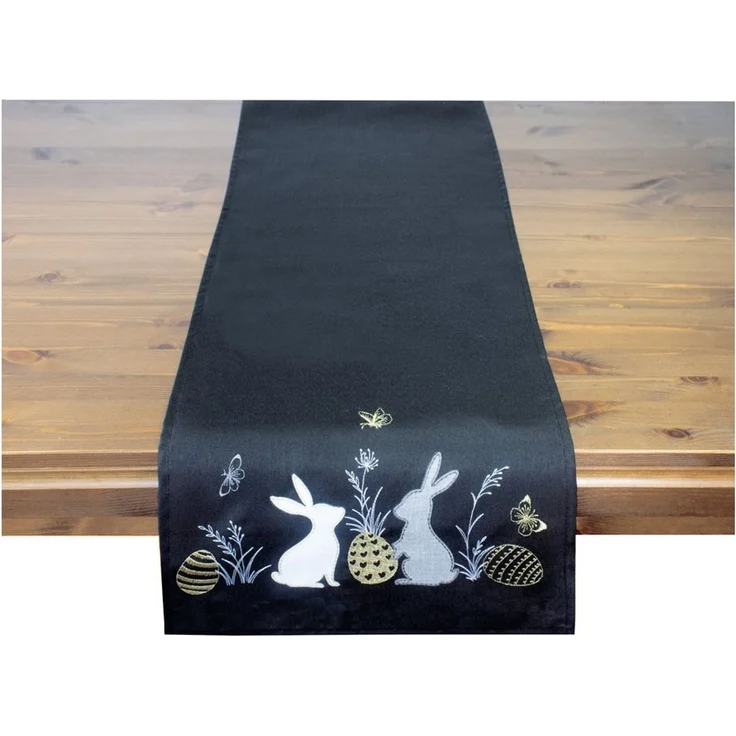 Delindo Lifestyle Tischdecke Mitteldecke/Tischläufer Osterhase schwarz (1-tlg), gestickte Osterhäschen – Bild 1