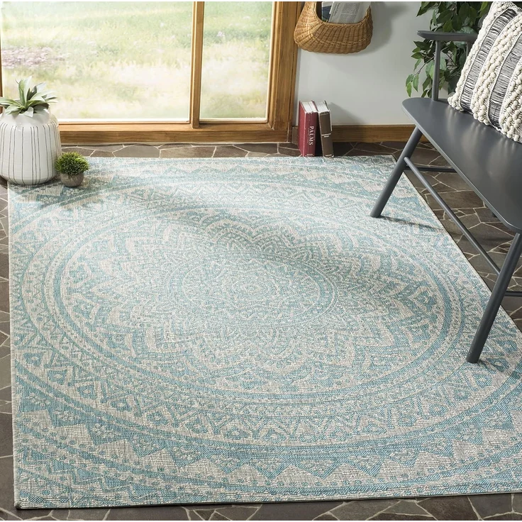 SAFAVIEH Zeitgenössische Teppich für Wohnzimmer, Esszimmer, Schlafzimmer - Courtyard Collection, Kurzer Flor, Hellgrau und Aqua, 122 X 170 cm – Bild 1