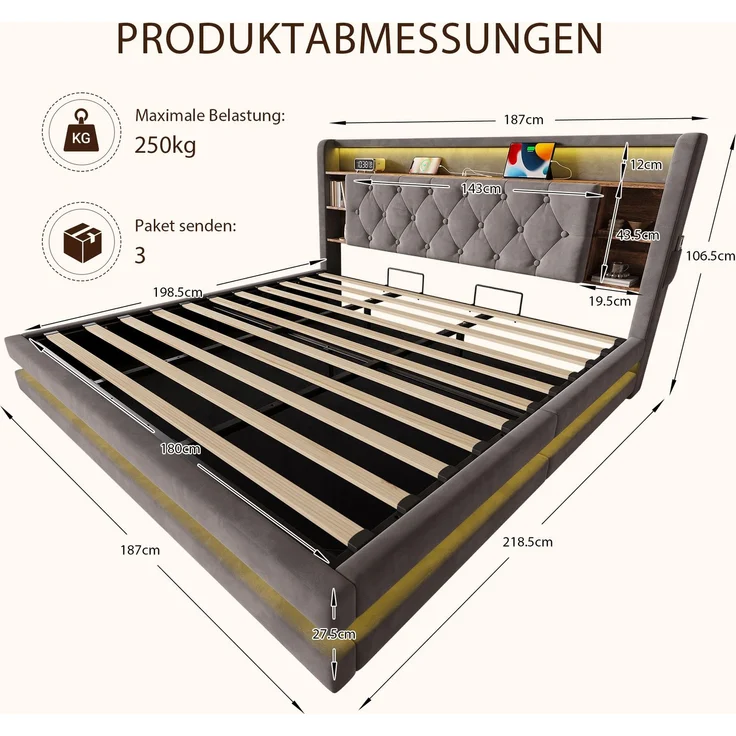TavilaEcon Boxspringbett Samtbett, Polsterbett mit LED-Beleuchtung & USB-Ladefunktion grau Liegefläche 180 × 200 cm – Bild 2