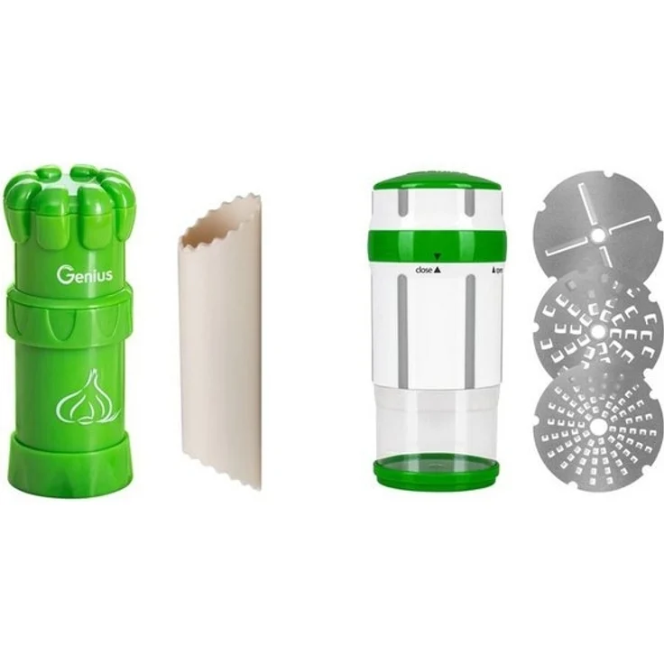 Genius Gemüse-Scheibenschneider Nicer Dicer Maestro inkl. Knoblauch-Schneider G5, Set 6tlg, (Spar-Set, 6-tlg), Super handlich & immer im Einsatz, wechselbare Einsätze – Bild 4