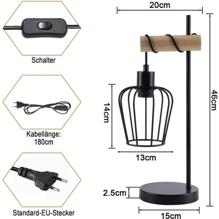 Nettlife Tischleuchte Holz Vintage E27 Tischlampe Wohnzimmer Nachttischlampe Schwarz, LED wechselbar, Geeignet für Schlafzimmer, Wohnzimmer, Esszimmer, Arbeitszimmer, Büro – Bild 4