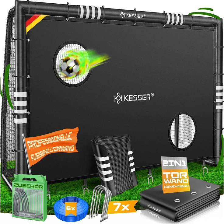 KESSER® Fußballtor für Garten robustes Outdoor Training Schusstraining UV-beständigem Netz, Stahlrahmen mit Polsterung, Erdhaken, Luftpumpe, Hüttchen, Montagezubehör für Kinder und Erwachsene Schwarz, 300cm, mit Torwand – Bild 1