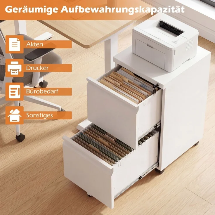 Metall Abschließbarer Rollcontainer mit 2 Schubladen & Hängeregistratur Aktenschrank Weiß SH1050 – Bild 3