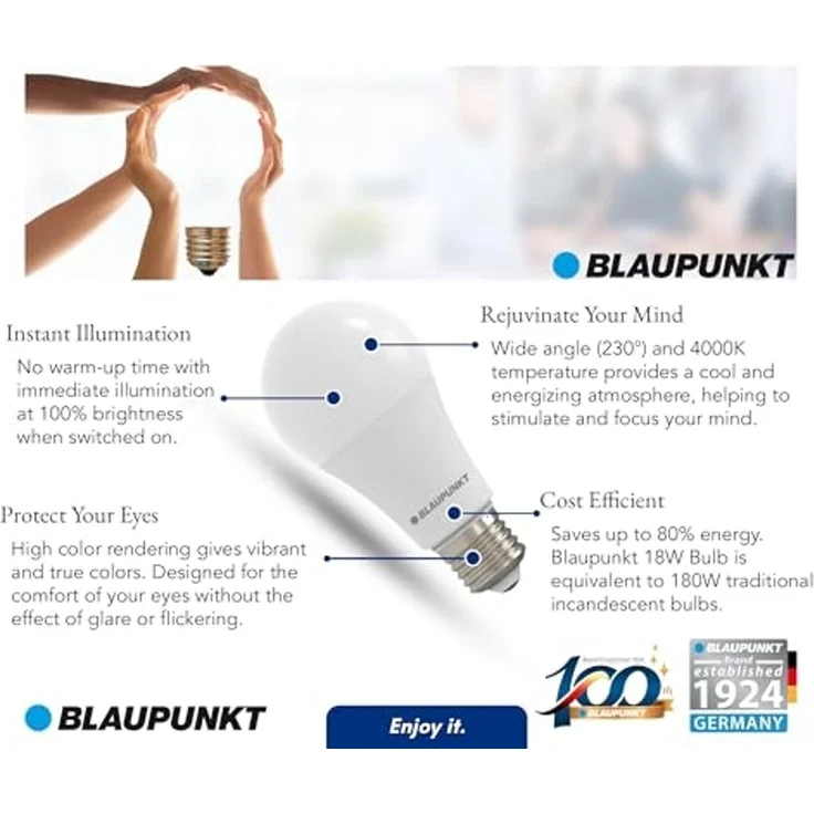 Blaupunkt LED Leuchtmittel A65 LED Lampe, E27 Sockel, 18W, Ersetzt 180W Glühlampen, Neutralweiß 4000K, natürliches Tageslicht, nicht dimmbar, 1980 lumen, Glühbirnen, 1 Stück (1er Pack) – Bild 5