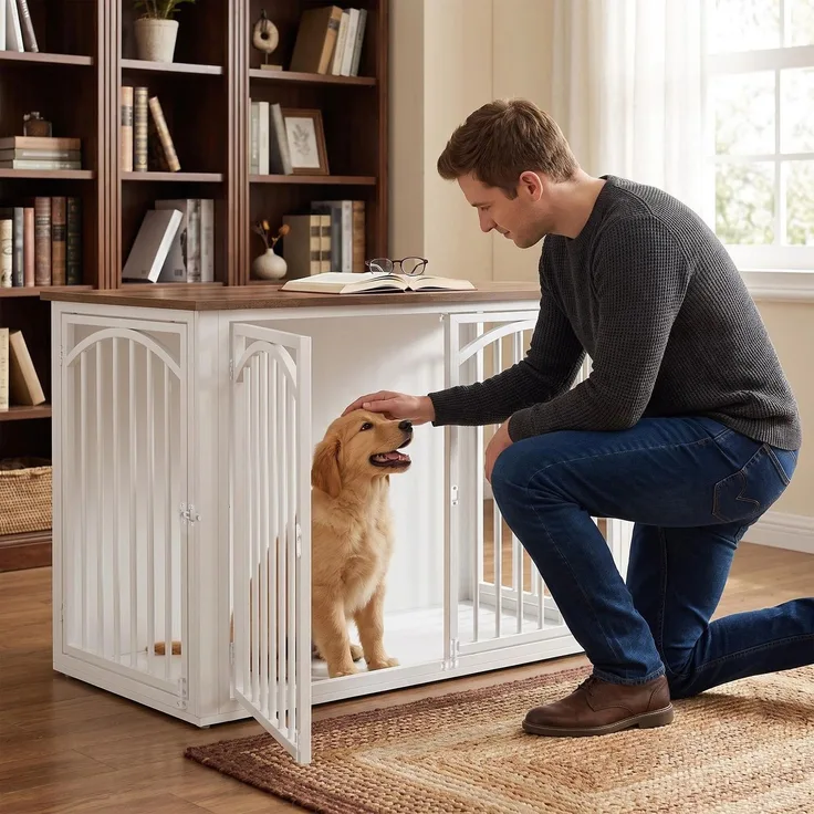 Halupeit Hundebox mit Beistelltisch aus braun-weißem Holz, viertürig, geeignet für mittelgroße bis große Hunde, 120,5 × 65,5 × 81,5 cm