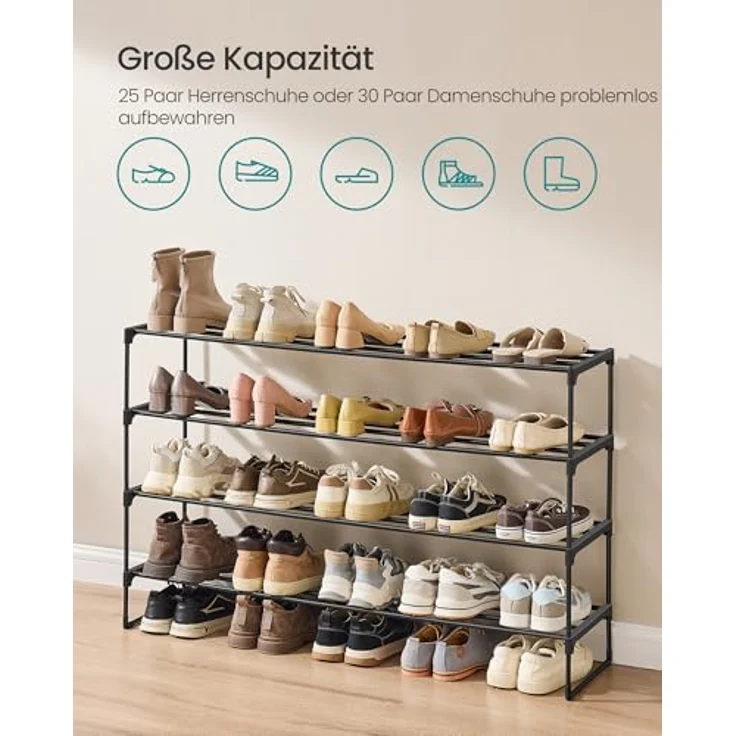 SONGMICS Schuhregal 4 Ebenen, Schuhständer Metall, Schuhaufbewahrung, Schuh-Organizer, aufrecht oder umgedreht, für 25-30 Paar Schuhe, stapelbar, Flur, 30 x 117 x 75 cm, schwarz LSA034B01 – Bild 6